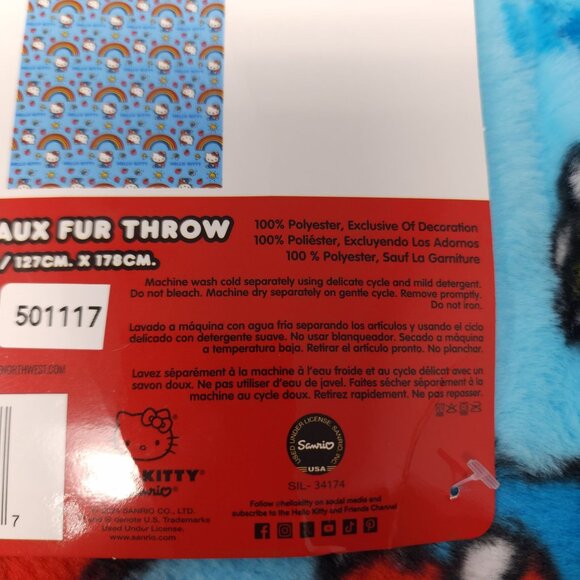 Hello Kitty Ultra Fine Faux Fur Throw 50" x 70" Rainbow Blue Red Yellow - Picture 4 of 9